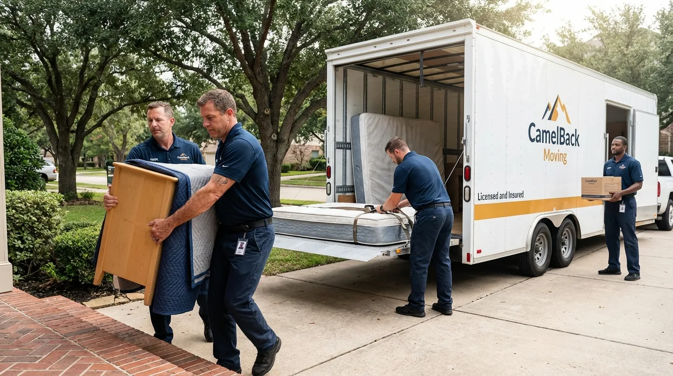 Crew loading residential truck for cross-state move from Manning, ND