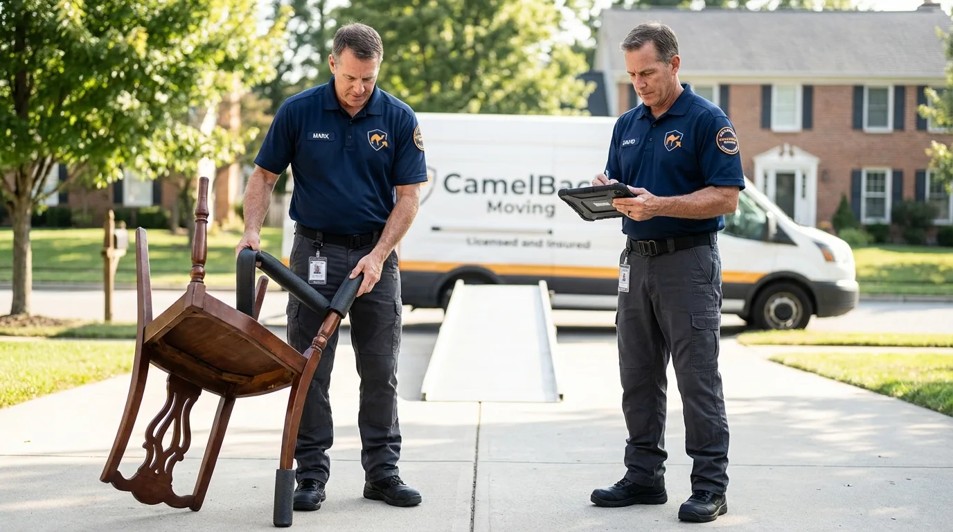 Movers inspecting furniture for damage prevention before loading in Manning, ND